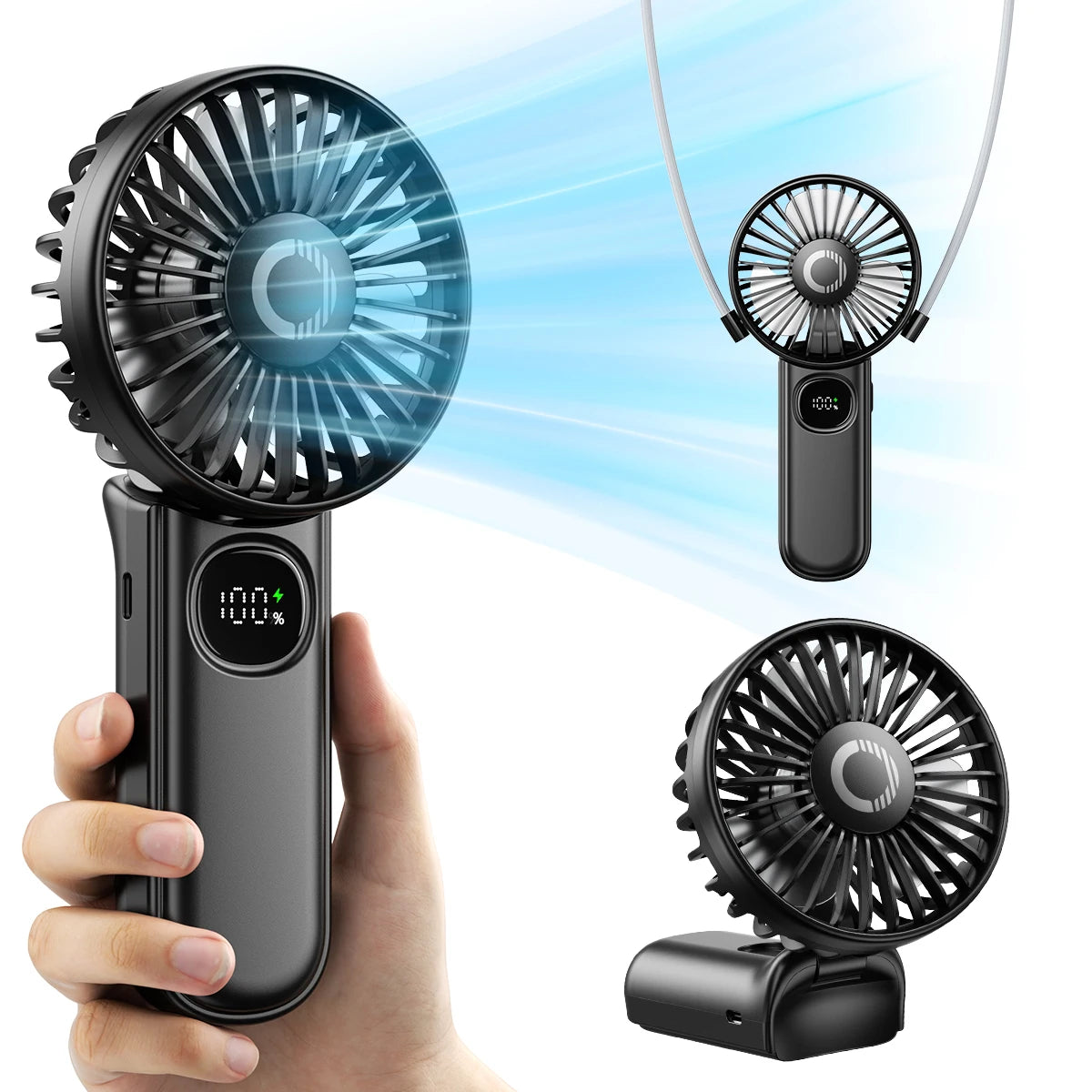 Handheld Fan Foldable Portable Fan with LED Display 3000Mah Battery Operated Mini Hand Held Fan for Travel Beach Outdoor