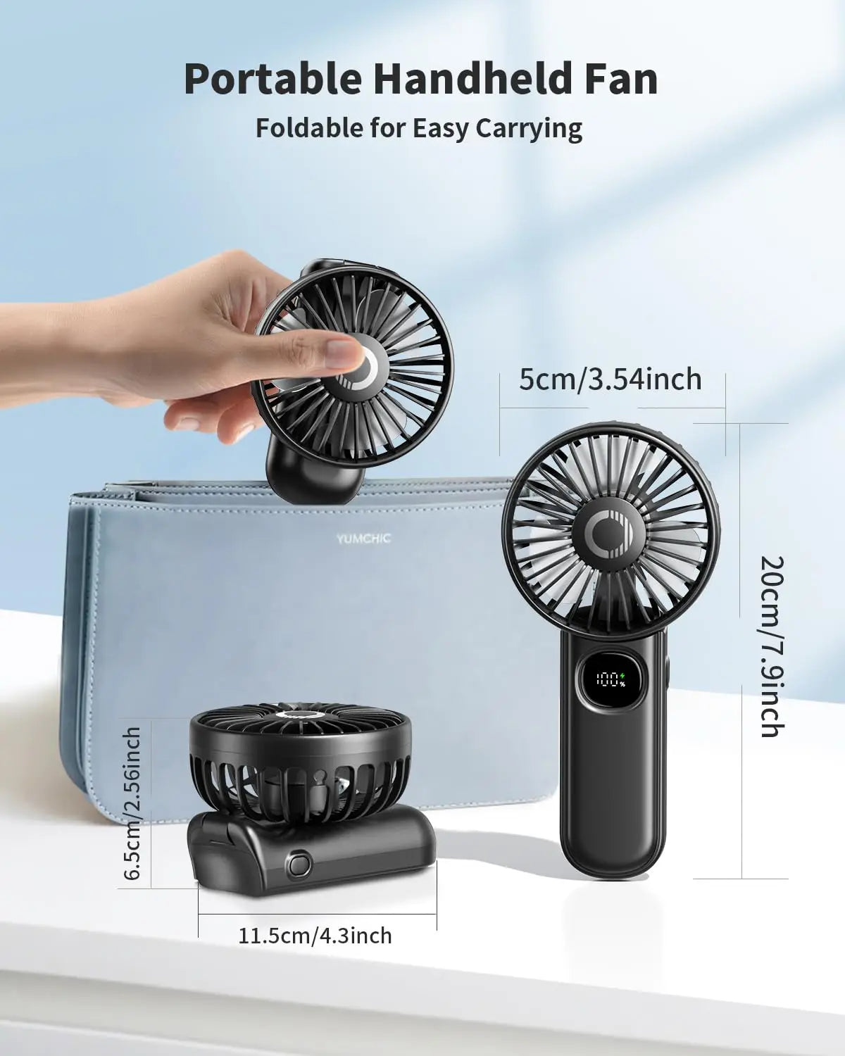 Handheld Fan Foldable Portable Fan with LED Display 3000Mah Battery Operated Mini Hand Held Fan for Travel Beach Outdoor