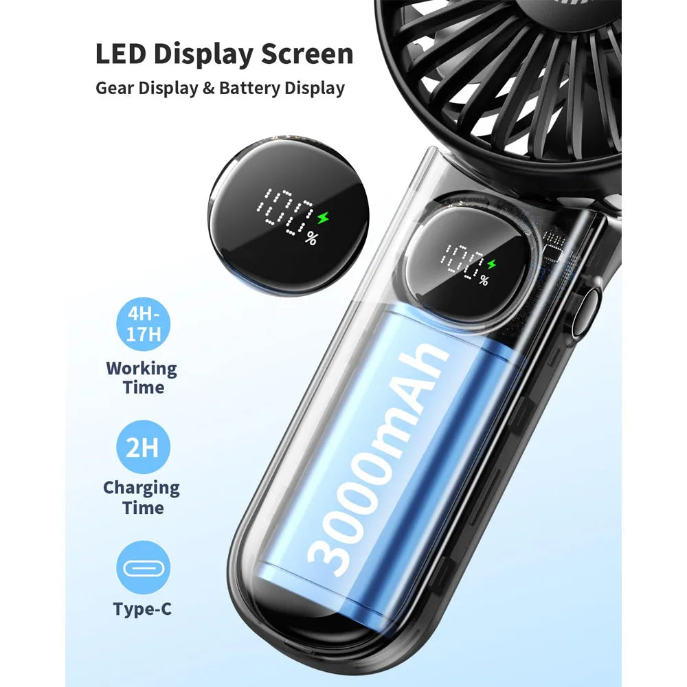 Handheld Fan Foldable Portable Fan with LED Display 3000Mah Battery Operated Mini Hand Held Fan for Travel Beach Outdoor